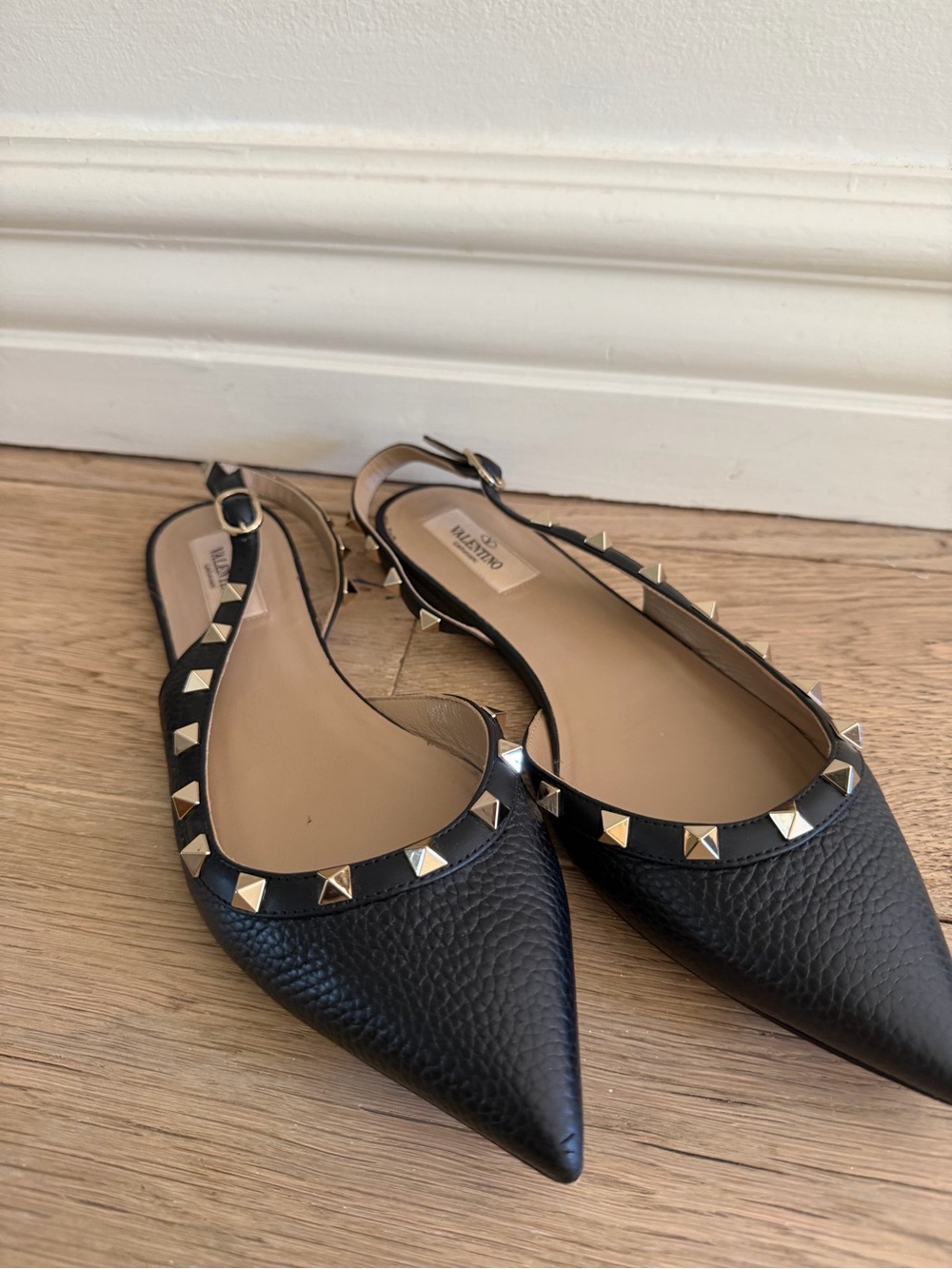 Valentino Black Pointed Rockstud Slingback Flats